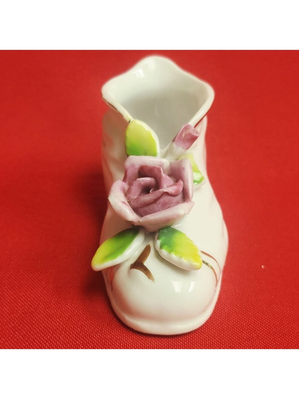 Vintage Porcelain Miniature Shoe Figurine Pink Rose